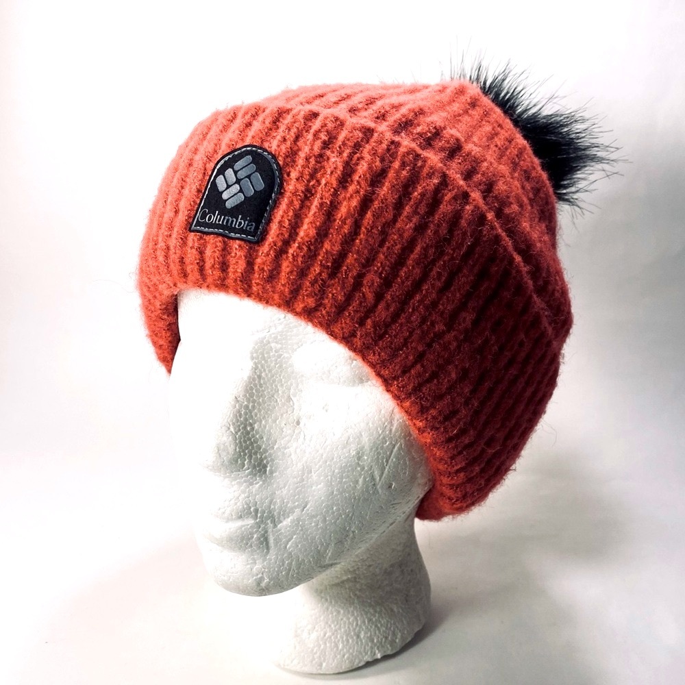 Columbia Brick Coral Red Winter Blur Black Pom Beanie Hat - Unisex